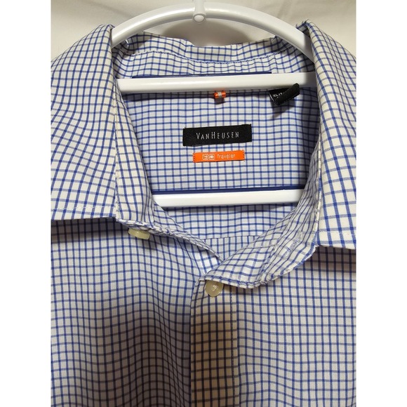 Van Heusen Traveler Mens XL Blue Checkered Long Sleeve Button Down‎ Dress Shirt - Picture 3 of 4